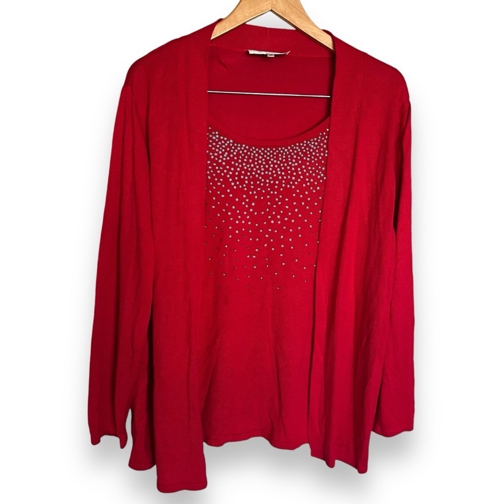 Vintage Valenti Faux Cardigan Sparkly Gemstones Holiday Christmas Red Size 2X